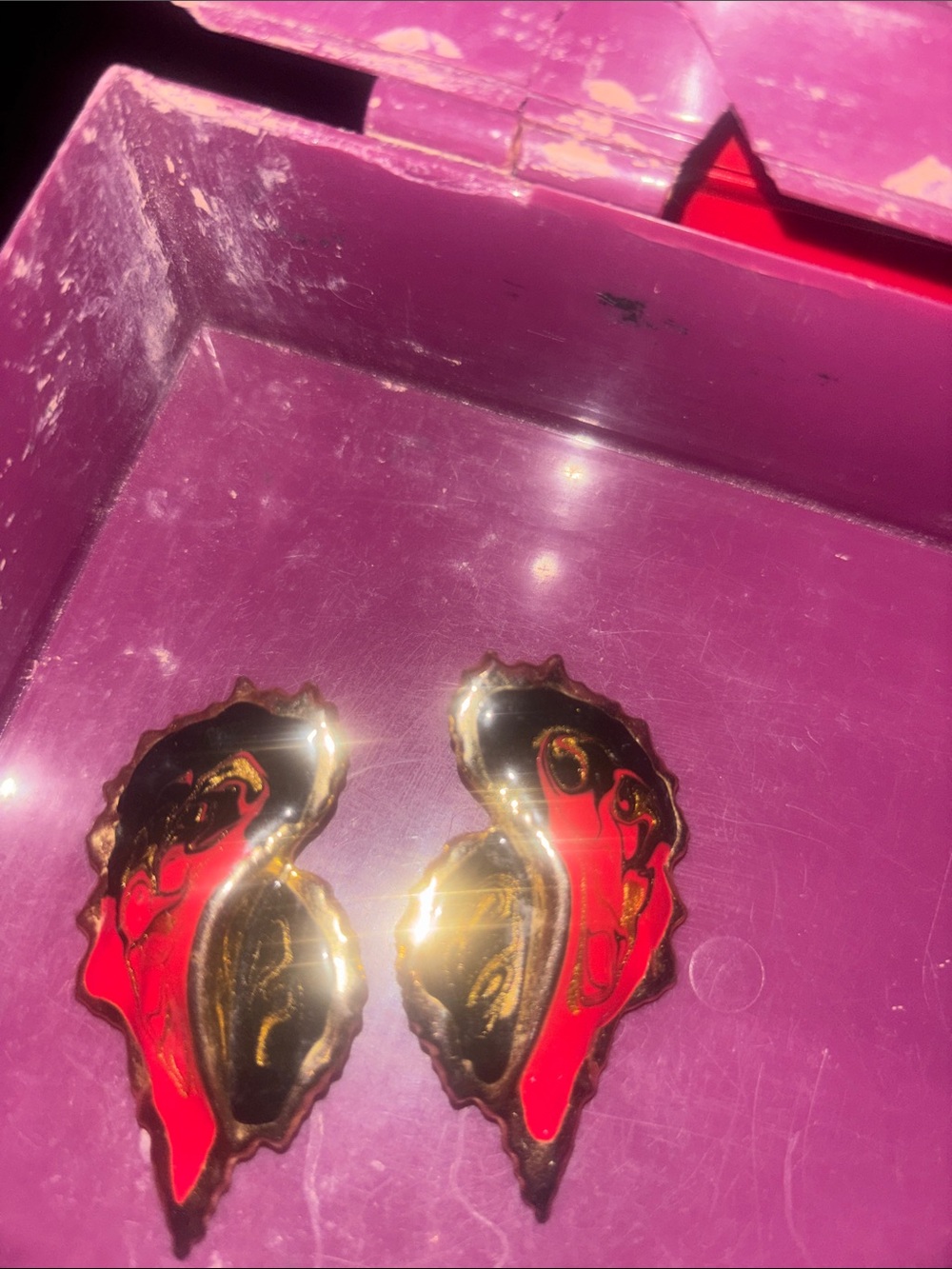 Vintage Red and Black Enamel Leaf Clip-On Earrings